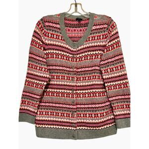Talbots 1X Petite Lambswool Fair Isle Button Cardigan Sweater Pink Gray Red
